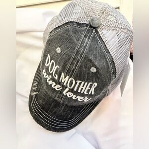 NEW w TAG KATYDID “Dog Mother Wine Lover” Boutique Gray distressed Trucker Hat